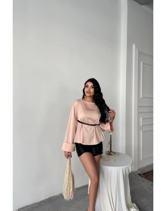 KEMER DETAYLI SATEN BLUZ - Pembe