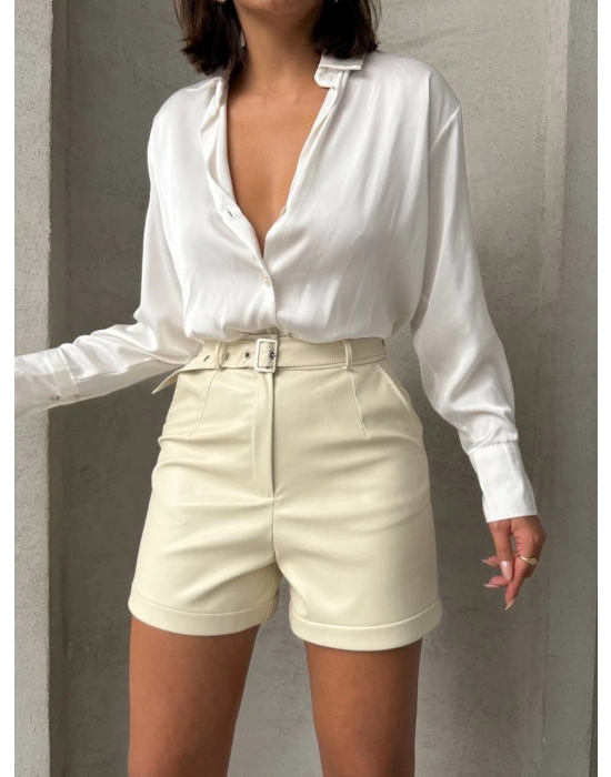 Kemerli deri şort krem h241003