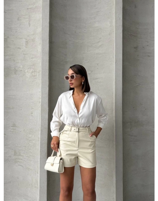 Kemerli deri şort krem h241003