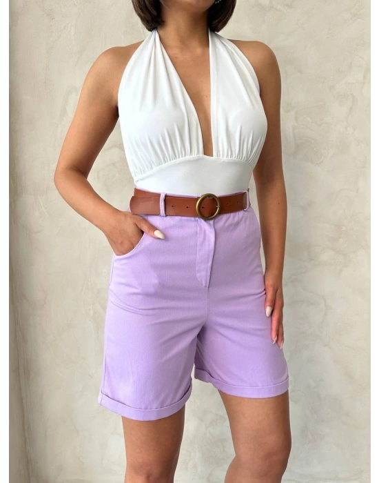 Kemerli gabardin şort lila s25735