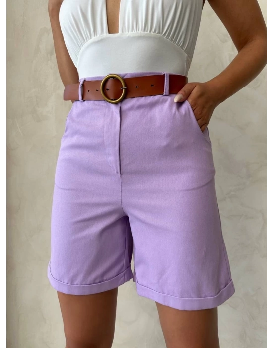 Kemerli gabardin şort lila s25735
