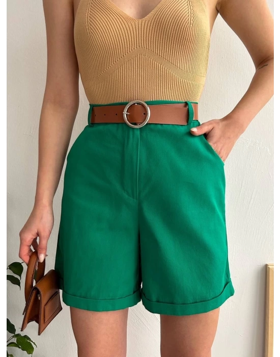 Kemerli gabardin şort yeşil s25735