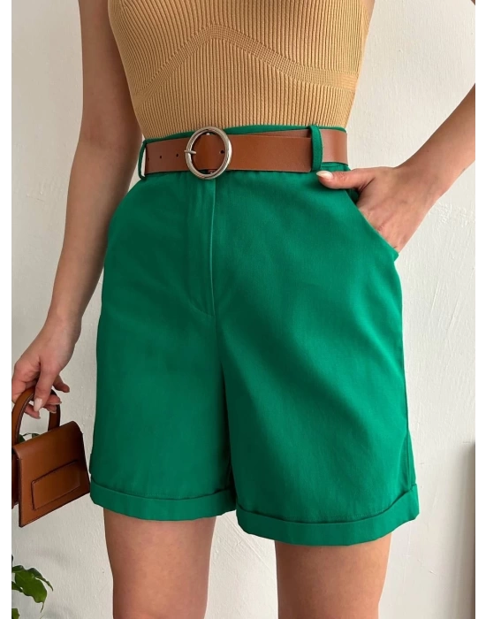 Kemerli gabardin şort yeşil s25735