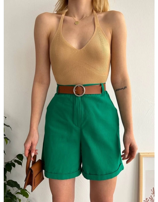 Kemerli gabardin şort yeşil s25735
