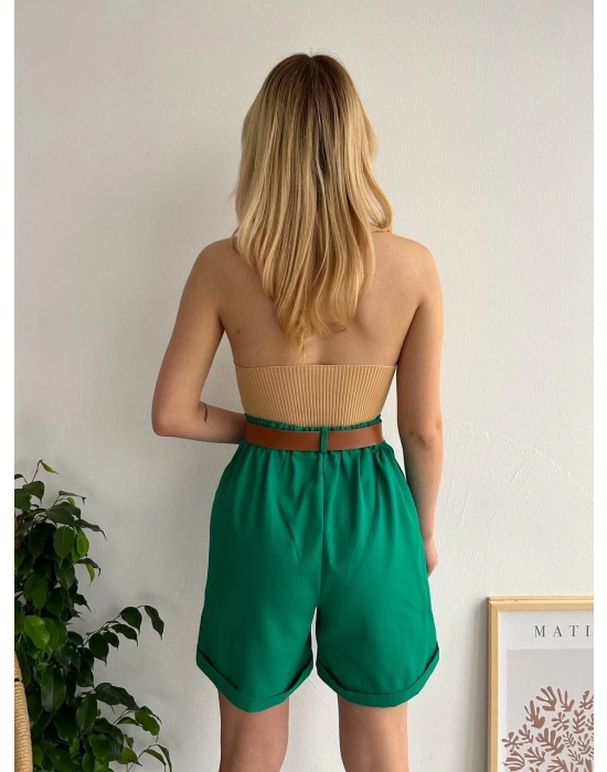 Kemerli gabardin şort yeşil s25735
