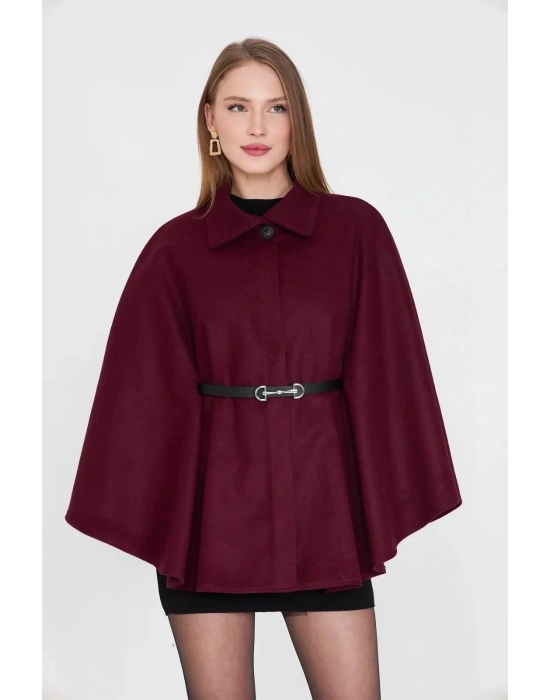 Kemerli kaşe panço bordo pt