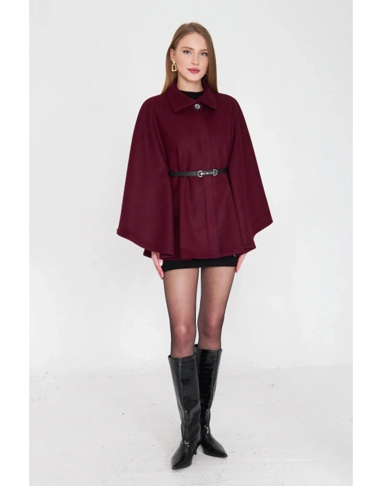 Kemerli kaşe panço bordo pt