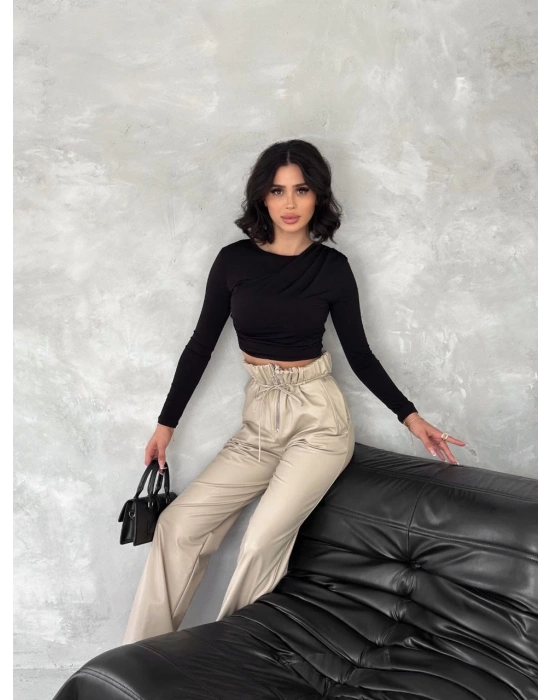 Kendinden ince kemerli deri pantolon bej t1178