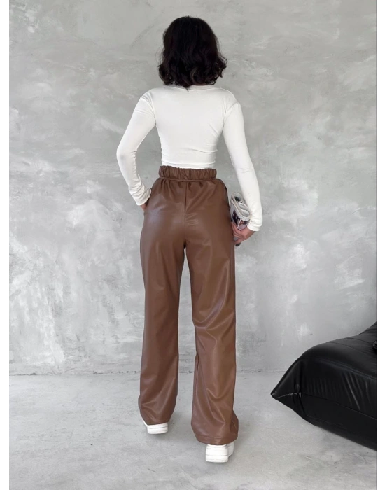 Kendinden ince kemerli deri pantolon kahve t1178