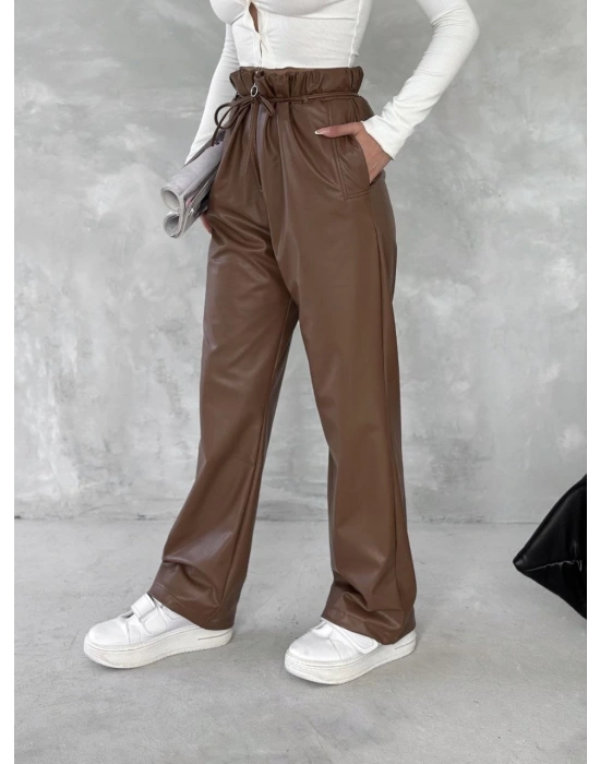 Kendinden ince kemerli deri pantolon kahve t1178