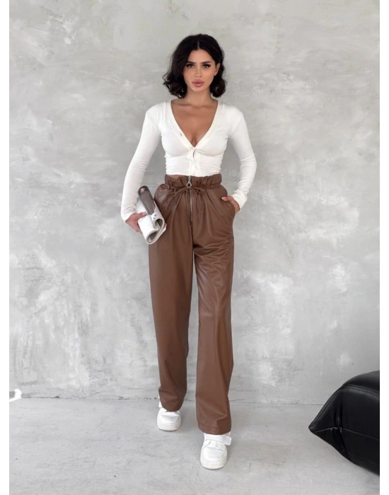 Kendinden ince kemerli deri pantolon kahve t1178