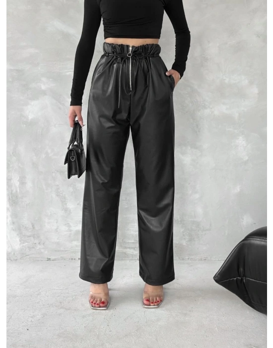 Kendinden ince kemerli deri pantolon siyah t1178