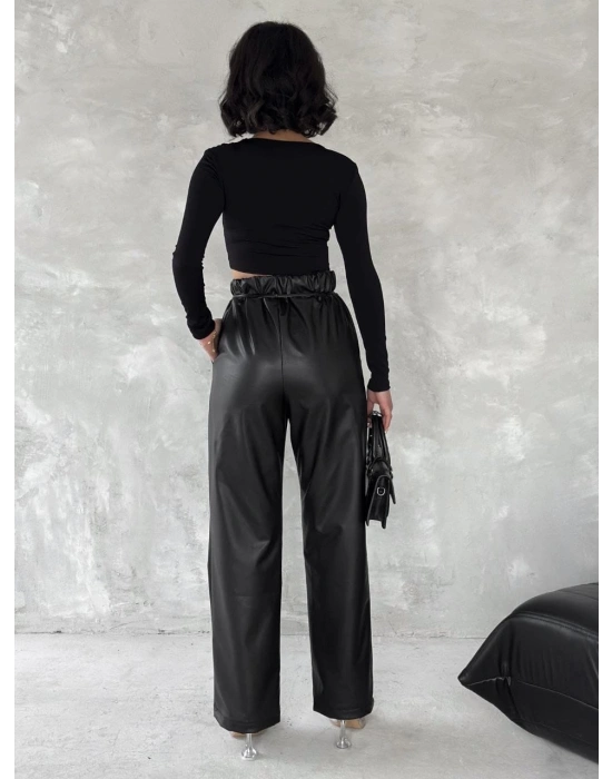 Kendinden ince kemerli deri pantolon siyah t1178