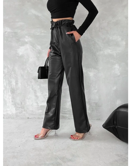Kendinden ince kemerli deri pantolon siyah t1178
