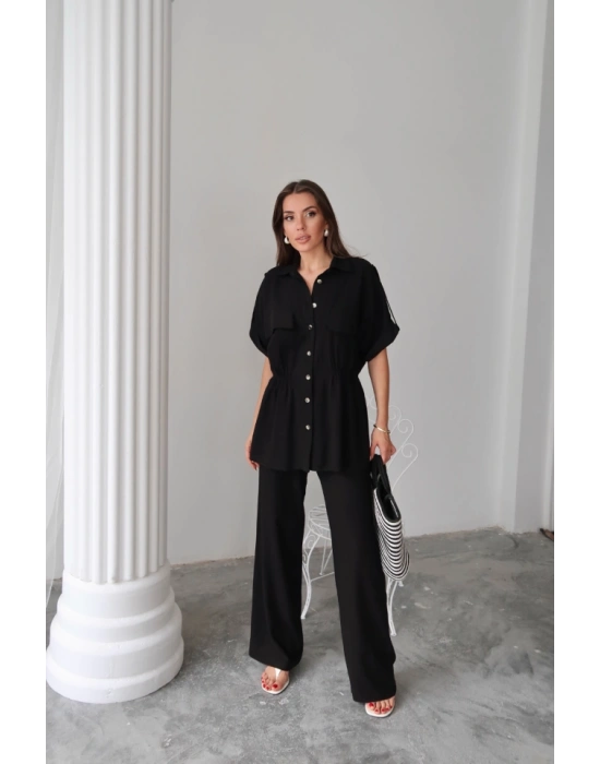KETEN BELDEN BÜZGÜ DETAYLI GÖMLEK - PANTOLON TAKIM - Siyah
