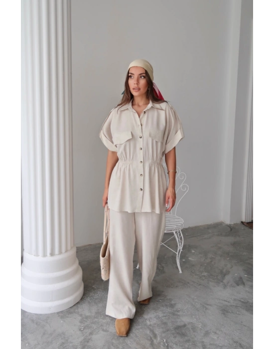 KETEN BELDEN BÜZGÜ DETAYLI GÖMLEK - PANTOLON TAKIM - Taş