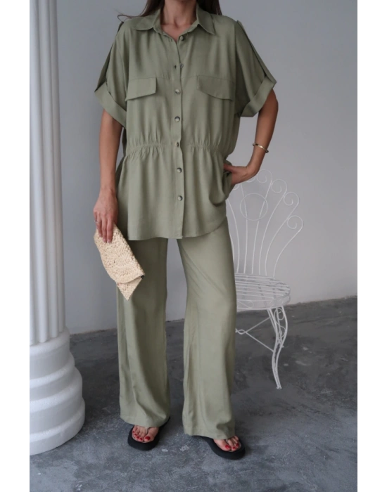 KETEN BELDEN BÜZGÜ DETAYLI GÖMLEK - PANTOLON TAKIM - Yeşil