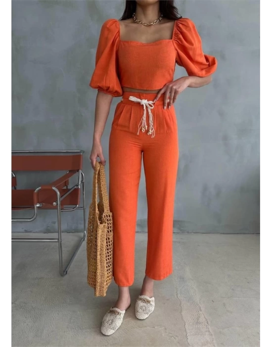 KETEN CROP KARPUZ KOL BLUZ-PANTOLON HASIR KEMERLİ - Orange