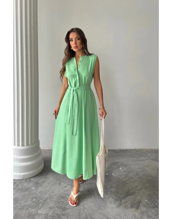 KETEN ELBİSE KOLSUZ BEL BAĞLAMALI MAXİ ELBİSE - Yeşil