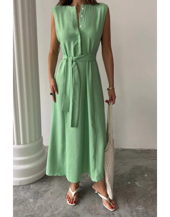 KETEN ELBİSE KOLSUZ BEL BAĞLAMALI MAXİ ELBİSE - Yeşil