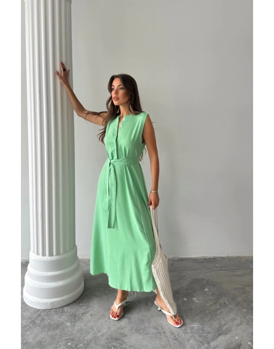 KETEN ELBİSE KOLSUZ BEL BAĞLAMALI MAXİ ELBİSE - Yeşil