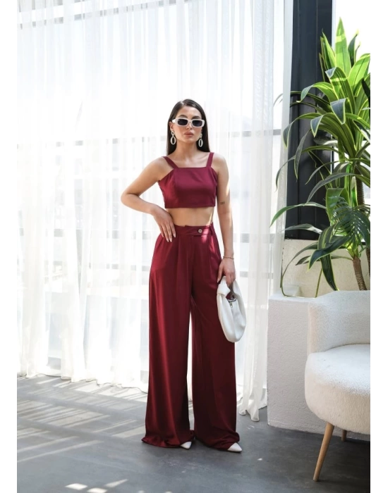 Keten Gi̇peli̇ Crop Ve Pantolon İki̇li̇ Takim
