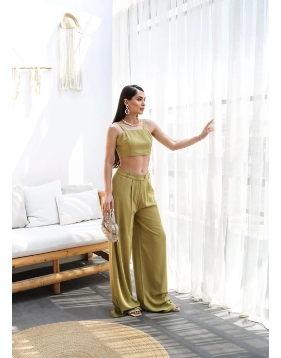 Keten Gi̇peli̇ Crop Ve Pantolon İki̇li̇ Takim