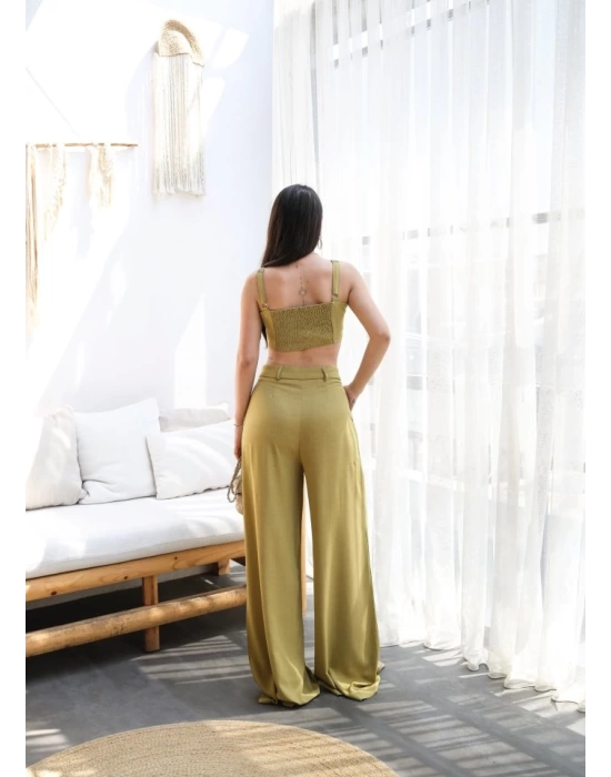Keten Gi̇peli̇ Crop Ve Pantolon İki̇li̇ Takim
