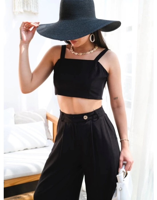 Keten Gi̇peli̇ Crop Ve Pantolon İki̇li̇ Takim