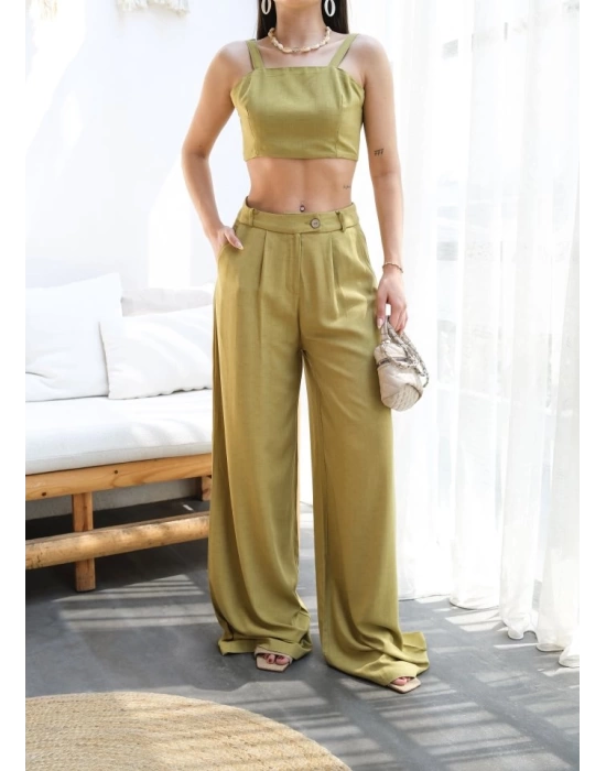 Keten Gi̇peli̇ Crop Ve Pantolon İki̇li̇ Takim