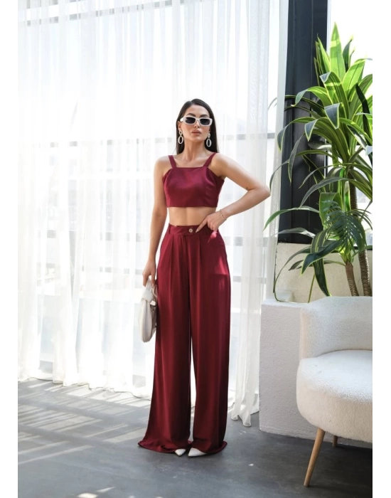 Keten Gi̇peli̇ Crop Ve Pantolon İki̇li̇ Takim