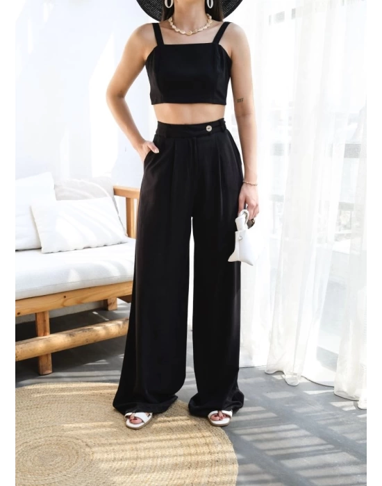 Keten Gi̇peli̇ Crop Ve Pantolon İki̇li̇ Takim