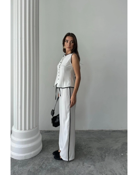 KETEN KENARLARI BİYELİ YELEK - PANTOLON TAKIM - Beyaz