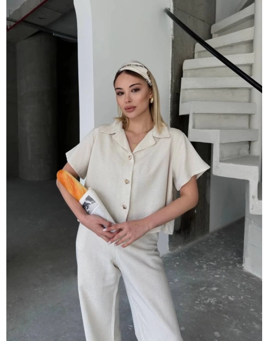 Keten Kısa Kollu Gömlek Pantolon Ikili Takım - Beyaz