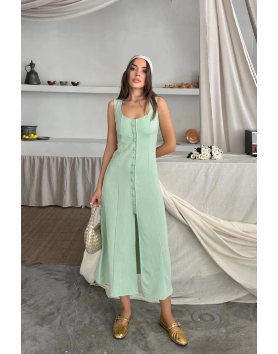 KETEN KOLSUZ KARE YAKA DÜĞME DETAYLI ELBİSE - Mint