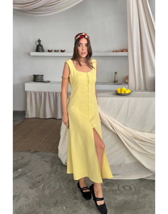KETEN KOLSUZ KARE YAKA DÜĞME DETAYLI ELBİSE - Sarı