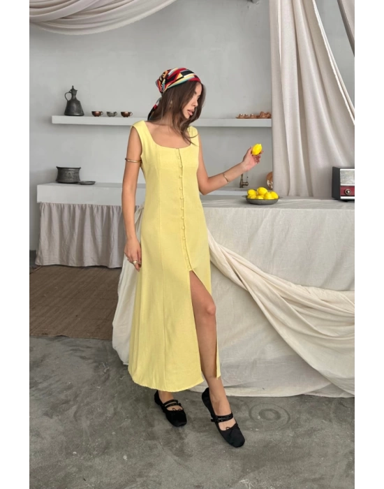 KETEN KOLSUZ KARE YAKA DÜĞME DETAYLI ELBİSE - Sarı
