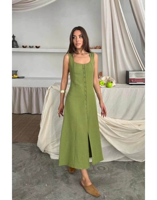 KETEN KOLSUZ KARE YAKA DÜĞME DETAYLI ELBİSE - Yağ Yeşili