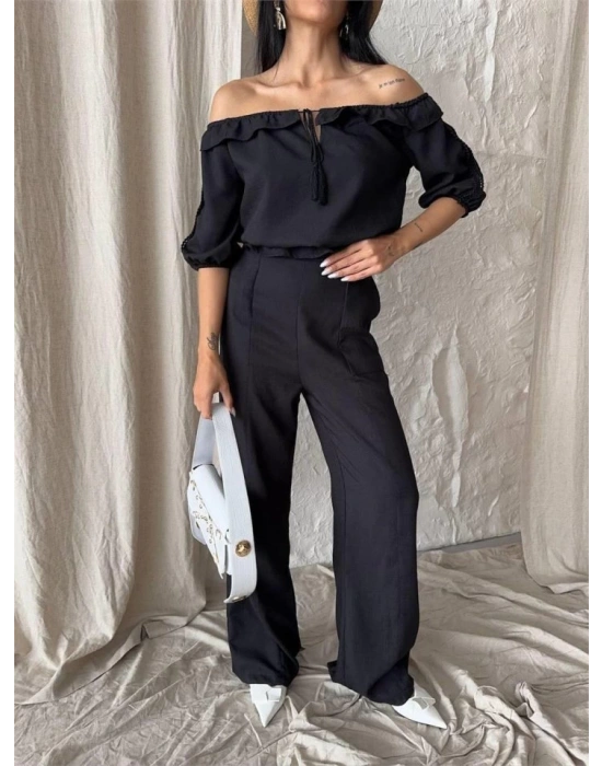 KETEN MADONNA YAKA KOL HASIR ŞERİT - PANTOLON TAKIM - Siyah