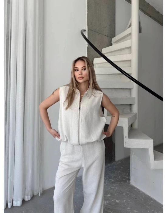 Keten Tam Fermuarlı Kolsuz Ceket Pantolon Ikili Takım- Beyaz