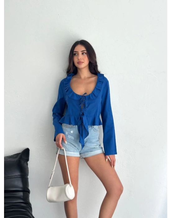 Keten Uzun Kol Bağacık Detaylı Bluz - Lacivert
