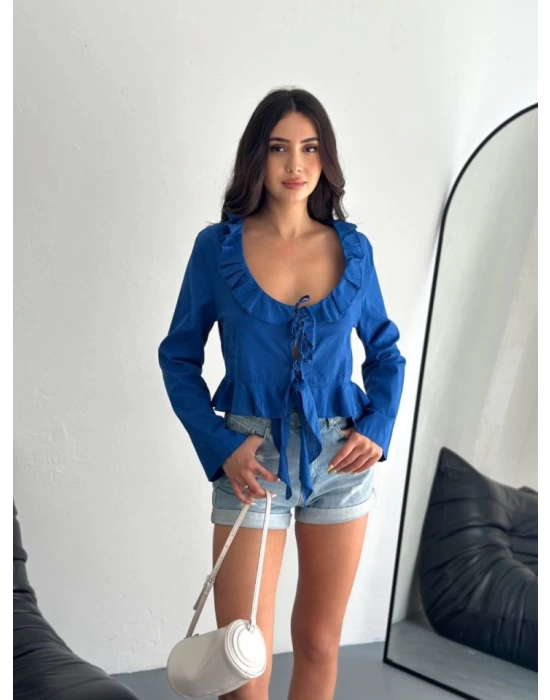 Keten Uzun Kol Bağacık Detaylı Bluz - Lacivert