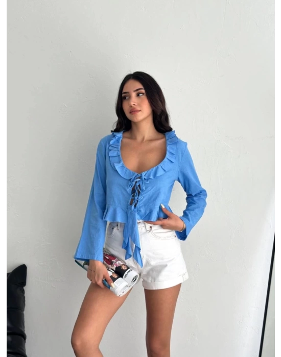 Keten Uzun Kol Bağacık Detaylı Bluz - Mavi