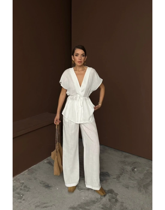 KETEN V YAKA BELDEN BAĞLAMALI BLUZ-PANTOLON TAKIM - Beyaz