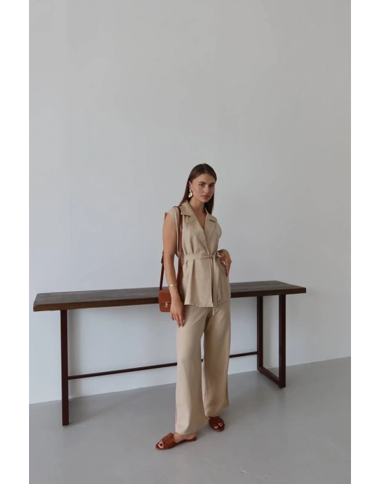 Keten yelek pantolon takım bej pt