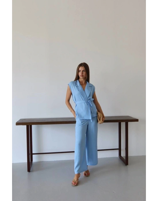 Keten yelek pantolon takım mavi pt