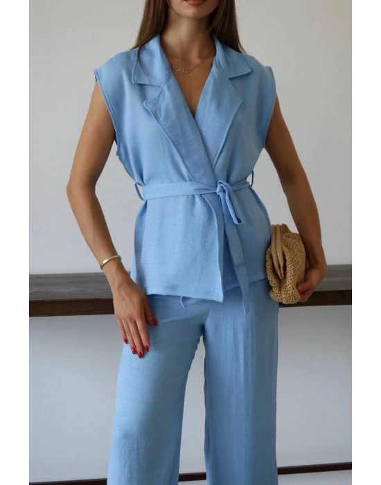 Keten yelek pantolon takım mavi pt