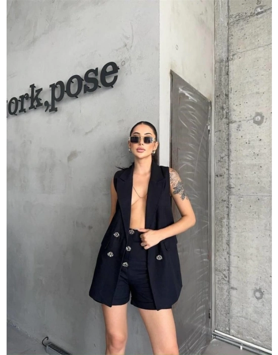 KETEN YELEK - ŞORT TAKIM - Siyah