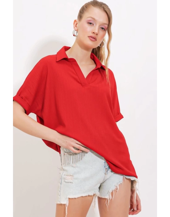 Kırmızı Oversize Polo Yaka Örme Bluz 0486