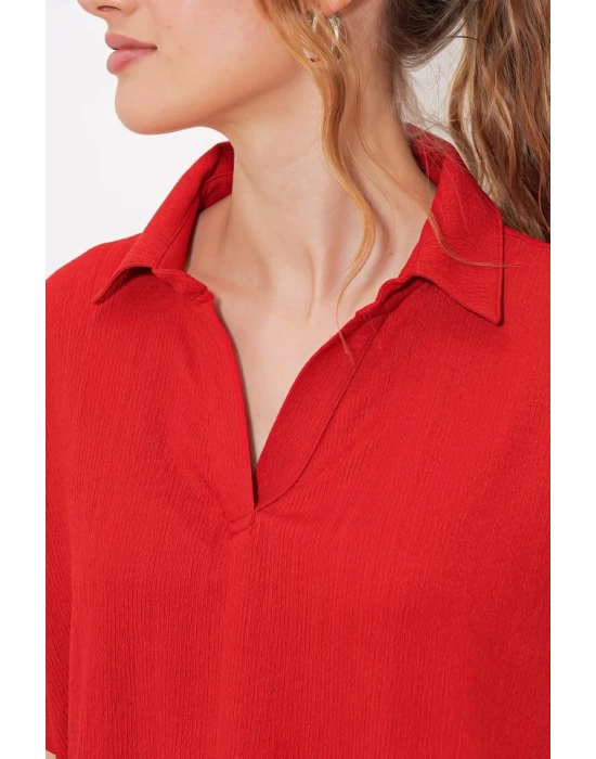 Kırmızı Oversize Polo Yaka Örme Bluz 0486